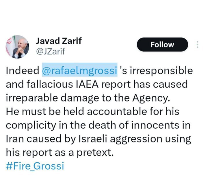 Grossi should be fired: Zarif