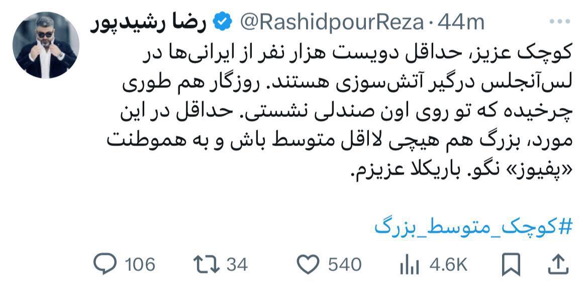 طعنه سنگین رشیدپور به جنجال کوچک‌زاده درباره آتش‌سوزی لس آنجلس