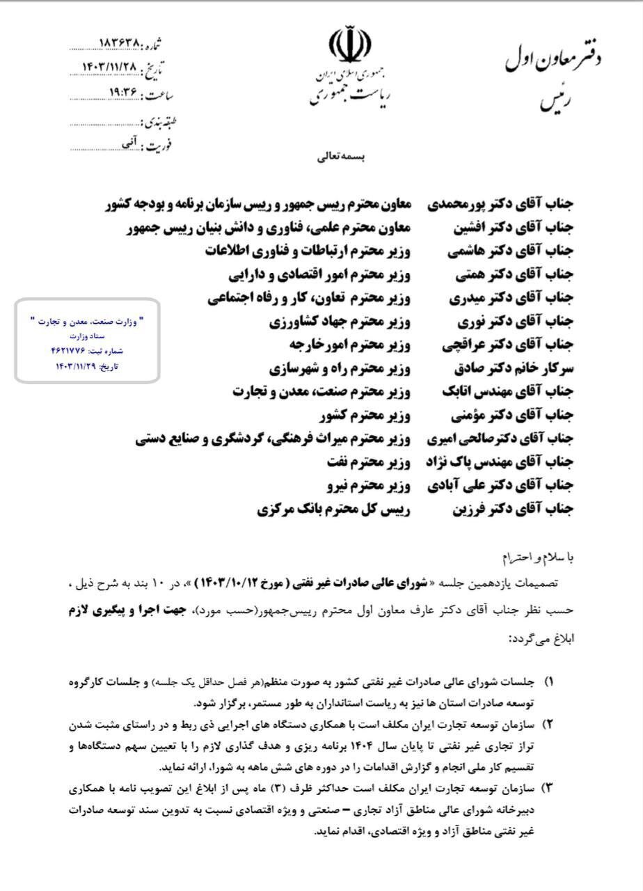 مصوبات یازدهمین نشست شورای عالی توسعه صادرات غیرنفتی ابلاغ شد