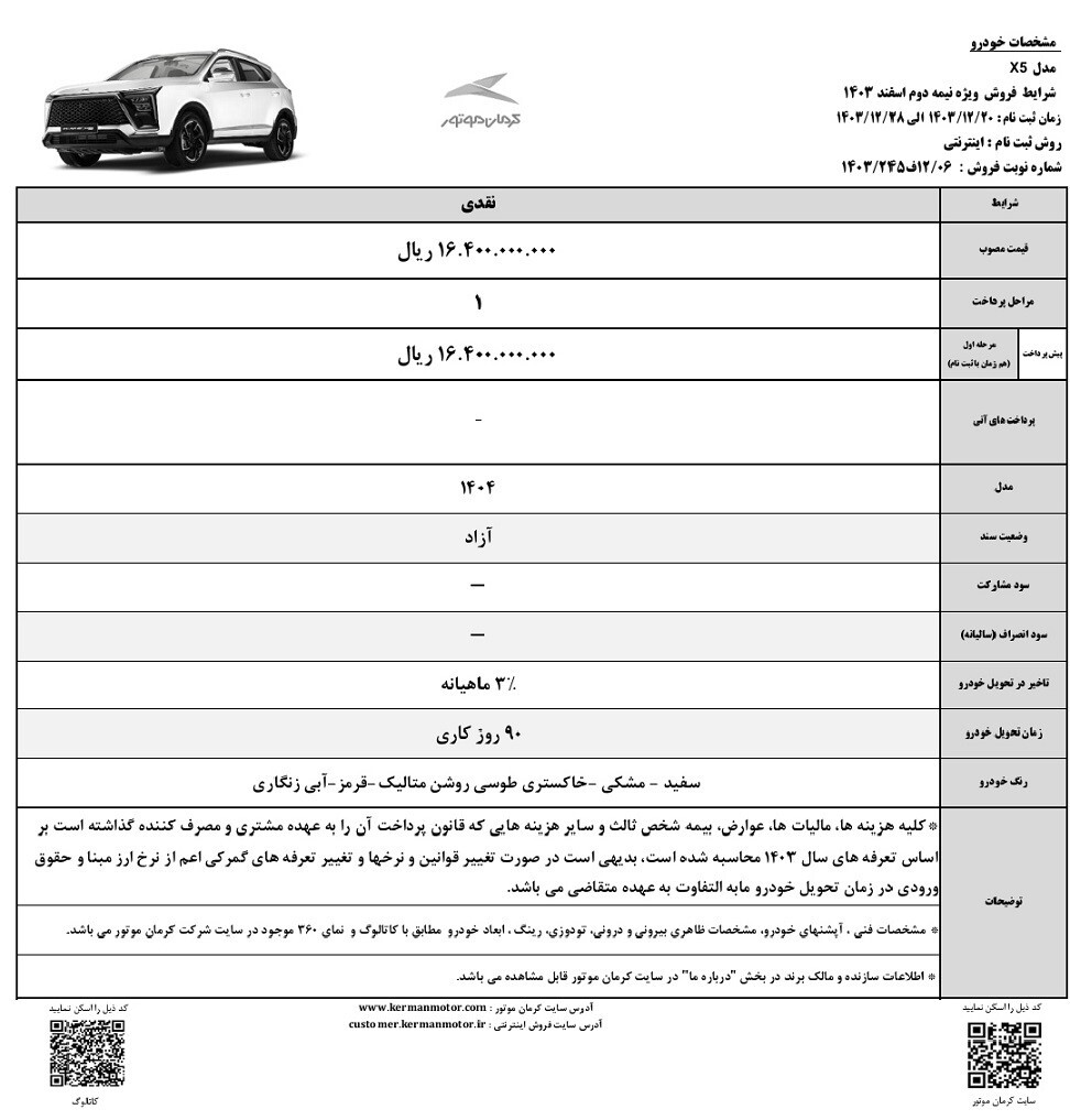 شرایط فروش کی ام‌ سی X5 کرمان موتور ویژه نیمه دوم اسفند ۱۴۰۳