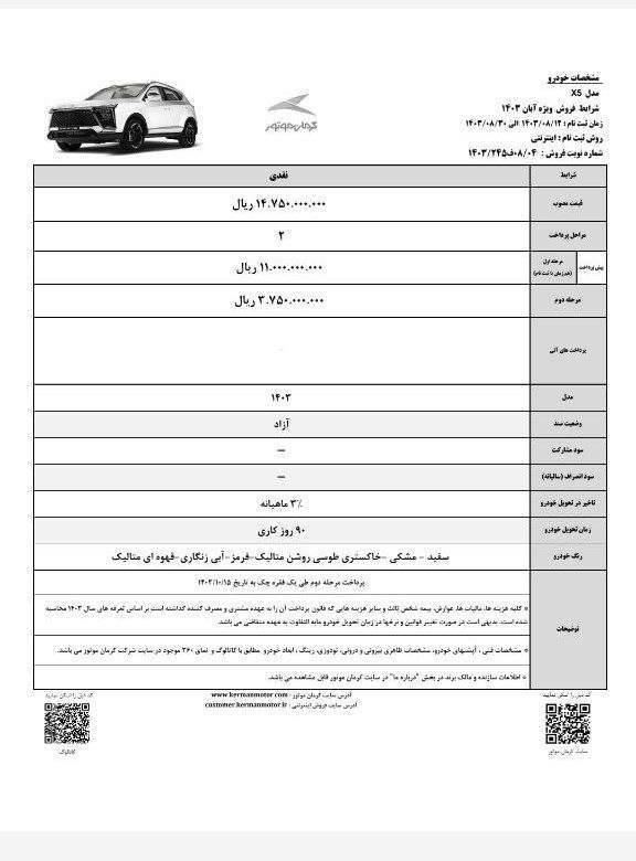شرایط فروش خودرو X۵ کرمان موتور + قیمت خودرو و زمان ثبت نام
