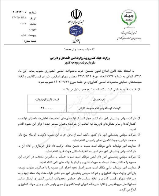 نرخ جدید هر کیلو گوشت تنظیم بازاری گوساله منجمد چقدر است؟