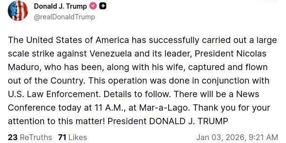 فوری/ مادورو و همسرش بازداشت شدند/ ترامپ شخصا توییت زد فوری/ مادورو و همسرش بازداشت شدند/ ترامپ شخصا توییت زد