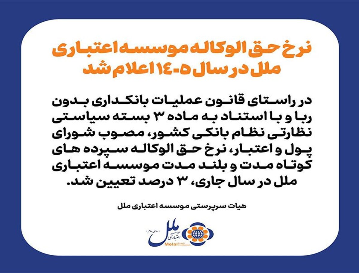 نرخ حق الوکاله موسسه اعتباری ملل در سال ۱۴۰۵ اعلام شد