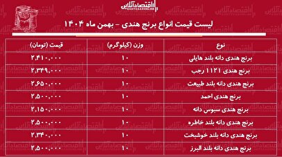 لیست قیمت انواع برنج هندی ۸ بهمن ۱۴۰۴ / برنج هندی خاطره، طبیعت، هایلی و ...کیلویی چند شد؟ + جدول