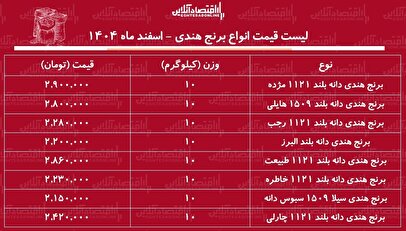 قیمت جدید انواع برنج هندی ۱ اسفند ۱۴۰۴ / کیسه ۱۰ کیلویی برنج هندی مژده، طبیعت، هایلی، خاطره و...را چند بخریم؟ + جدول