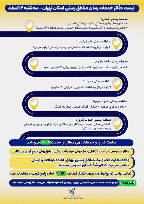 پست تهران در حالت آمادهباش/ لیست دفاتر فعال برای خدماترسانی اعلام شد پست تهران در حالت آمادهباش/ لیست دفاتر فعال برای خدماترسانی اعلام شد