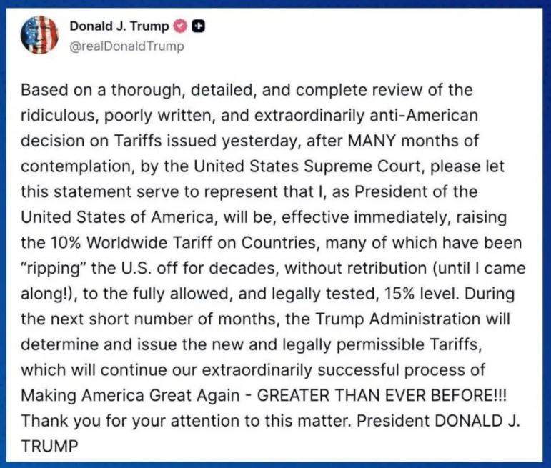 ترامپ تعرفه جهانی را باز هم افزایش داد/ حکم اخیر دیوان عالی «ضدآمریکایی» بود ترامپ تعرفه جهانی را باز هم افزایش داد/ حکم اخیر دیوان عالی «ضدآمریکایی» بود