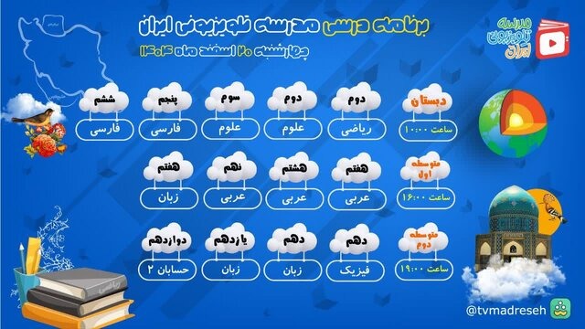 برنامههای درسی مدرسه تلویزیونی ایران چهارشنبه ۲۰ اسفند اعلام شد برنامههای درسی مدرسه تلویزیونی ایران چهارشنبه ۲۰ اسفند اعلام شد