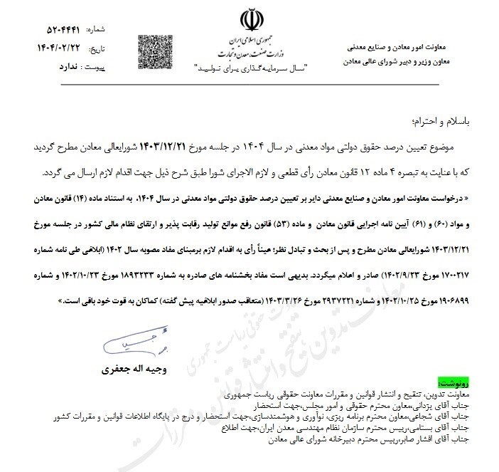 شورای عالی معادن مصوبه حقوق دولتی سال ۱۴۰۴ را ابلاغ کرد
