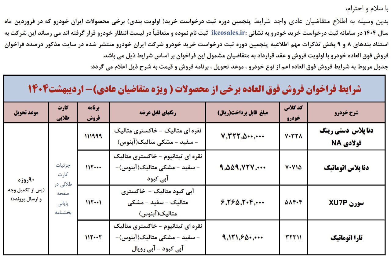 فروش جدید ۱۰ محصول ایران خودرو آغاز شد؛ مهلت ثبت‌نام تا ۱۵ اردیبهشت +قیمت