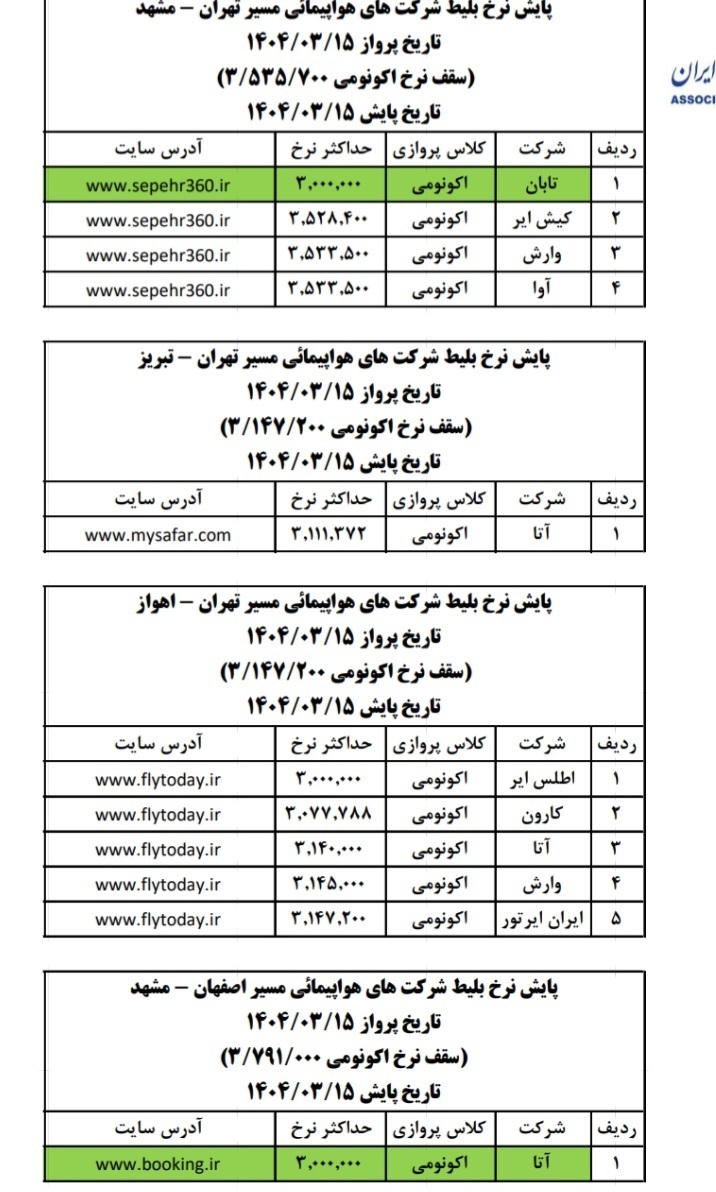 قیمت بلیت هواپیما تهران - مشهد چند؟ +جدول