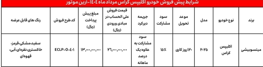 شروع پیش فروش عادی میتسوبیشی اکلیپس کراس ۲۰۲۵ آرین موتور – مرداد ۱۴۰۴