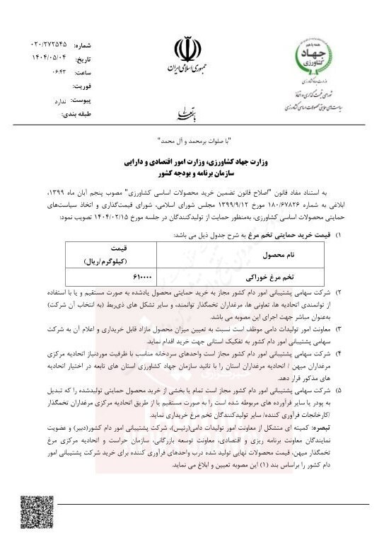 قیمت خرید حمایتی تخم مرغ اعلام شد