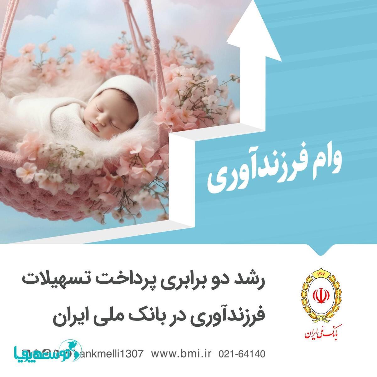 رشد دو برابری پرداخت تسهیلات فرزندآوری در بانک ملی ایران