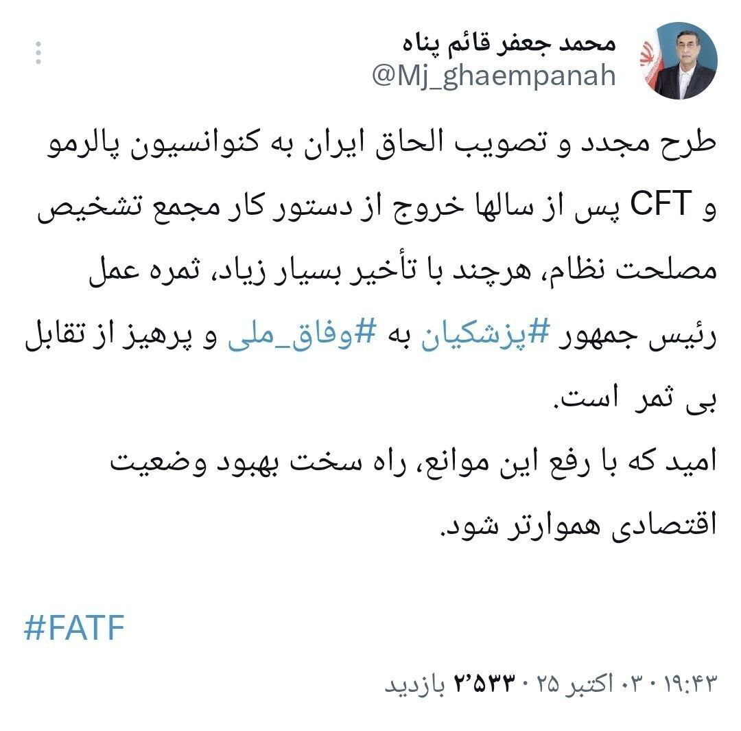 توئیت معاون اجرایی پزشکیان درمورد الحاق ایران به پالرمو و CFT