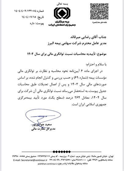 تأیید سطح یک توانگری مالی بيمه البرز  از سوی بیمه مرکزی