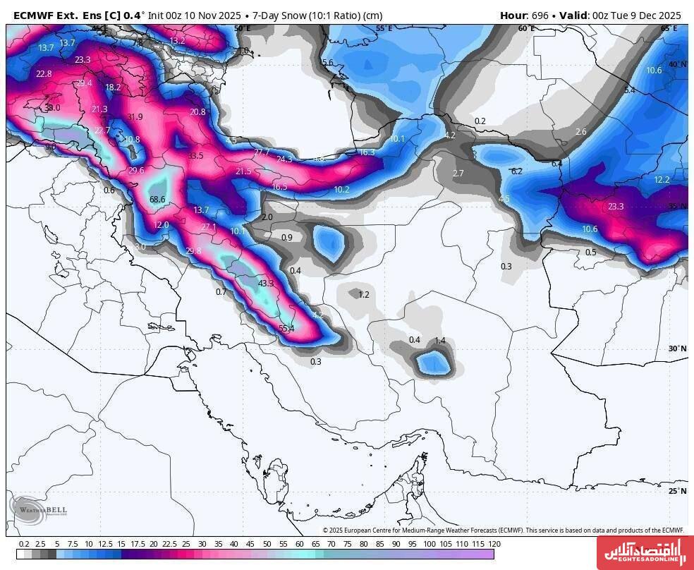 سامانه قدرتمند و سرد زمستانی در آستانه ورود به ایران / بارش برف ۱۰ تا ۷۵ سانتی در ۹ استان کشور