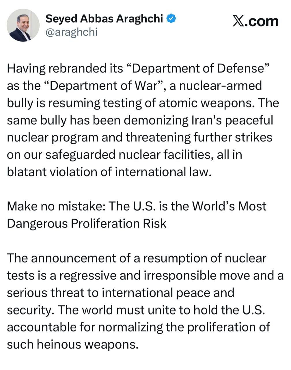 واکنش عراقچی به فرمان آزمایش سلاح هستهای توسط ترامپ+ عکس واکنش عراقچی به فرمان آزمایش سلاح هستهای توسط ترامپ+ عکس