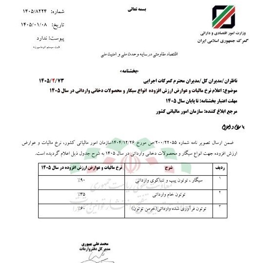 نرخ مالیات سیگار و تنباکو اعلام شد نرخ مالیات سیگار و تنباکو اعلام شد