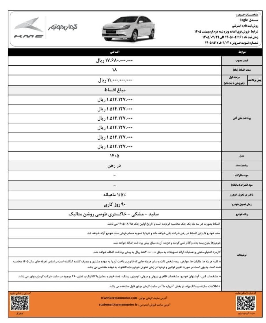 شرایط ثبتنام فروش فوق العاده کرمان موتور اردیبهشت ۱۴۰۵ / با اقساط ۱۸ ماهه خودرو بخرید + لینک شرایط ثبتنام فروش فوق العاده کرمان موتور اردیبهشت ۱۴۰۵ / با اقساط ۱۸ ماهه خودرو بخرید + لینک