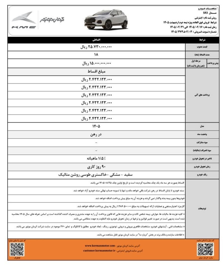 شرایط ثبتنام فروش فوق العاده کرمان موتور اردیبهشت ۱۴۰۵ / با اقساط ۱۸ ماهه خودرو بخرید + لینک شرایط ثبتنام فروش فوق العاده کرمان موتور اردیبهشت ۱۴۰۵ / با اقساط ۱۸ ماهه خودرو بخرید + لینک