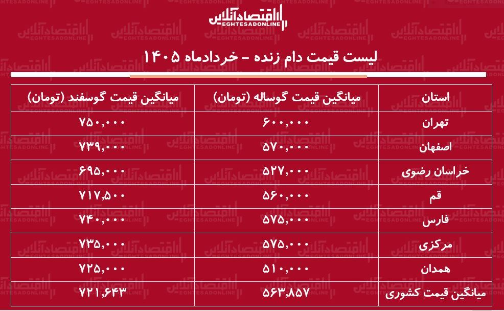 لیست قیمت دام زنده امروز ۱۵ خرداد ۱۴۰۵ / گوسفند زنده کیلویی چند شد؟ + جدول لیست قیمت دام زنده امروز ۱۵ خرداد ۱۴۰۵ / گوسفند زنده کیلویی چند شد؟ + جدول