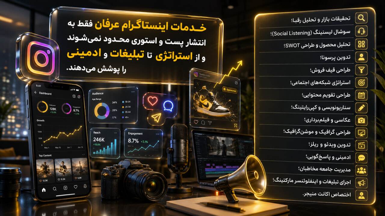 خدمات اینستاگرام عرفان فقط به انتشار پست و استوری محدود نمی‌شوند و از استراتژی تا تبلیغات و ادمینی را پوشش می‌دهند.