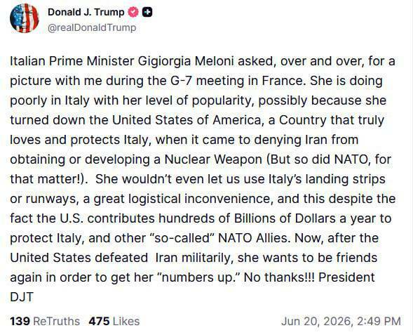 تحقیر علنی رم توسط واشنگتن / ترامپ: درخواست دوستی ملونی را رد کردم