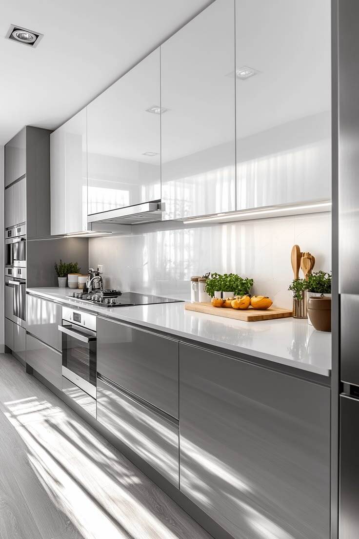 کابینت مدرن هایگلاس بدون دستگیره سفید طوسی