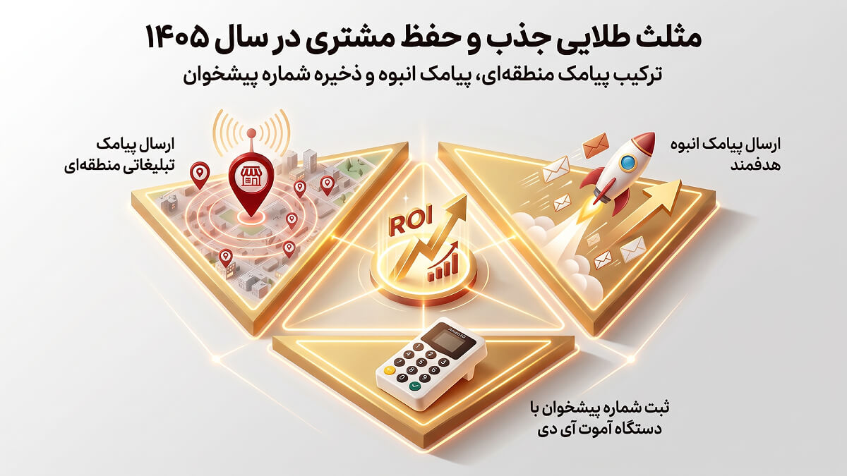 اینفوگرافیک مثلث طلایی بهترین روش جذب و حفظ مشتری در سال ۱۴۰۵ شامل پیامک منطقه‌ای، پیامک انبوه و دستگاه ثبت شماره مشتری با تمرکز بر افزایش ROI