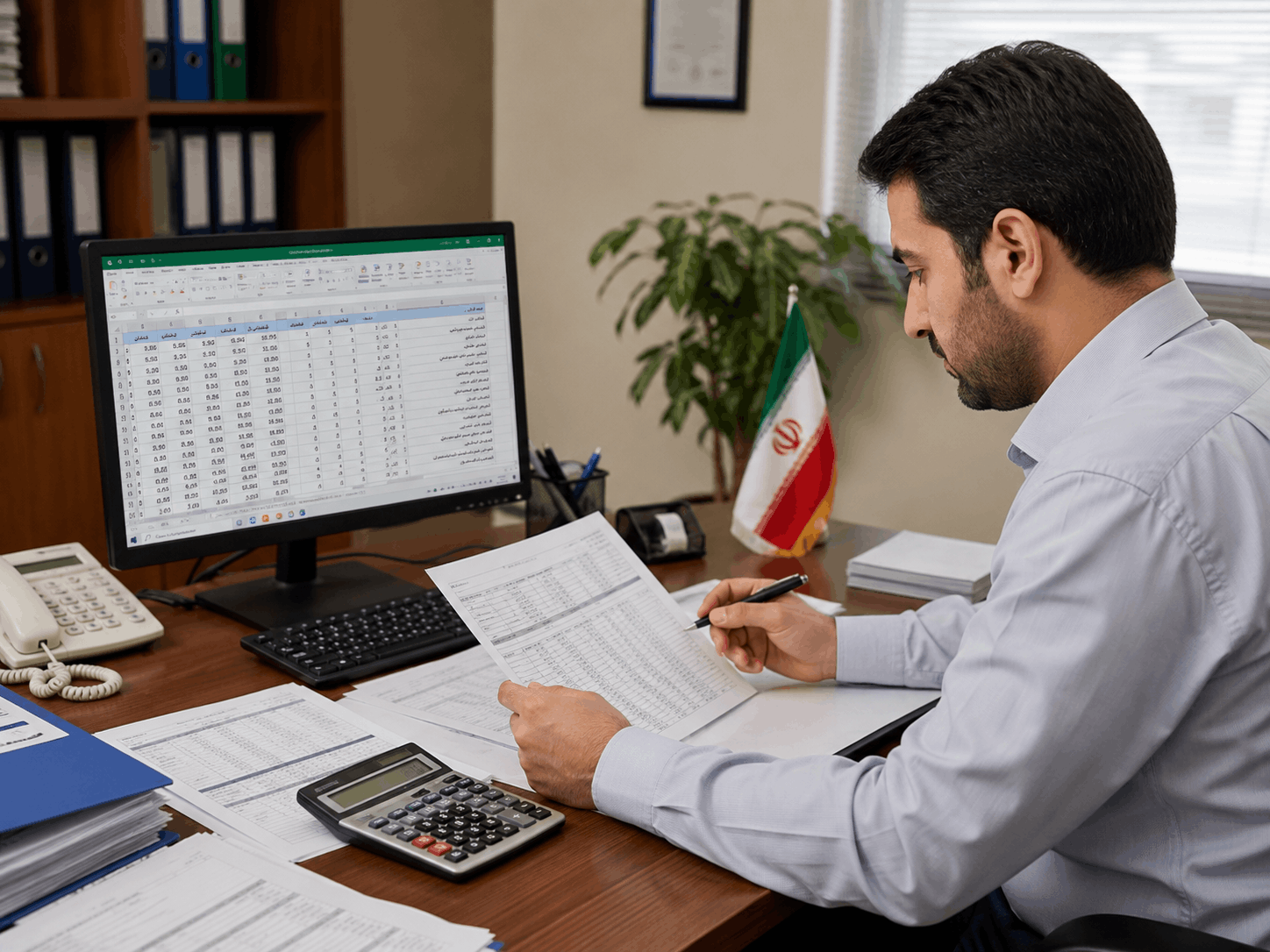 کارشناس در حال کنترل فایل اکسل حقوق و تطبیق اطلاعات.