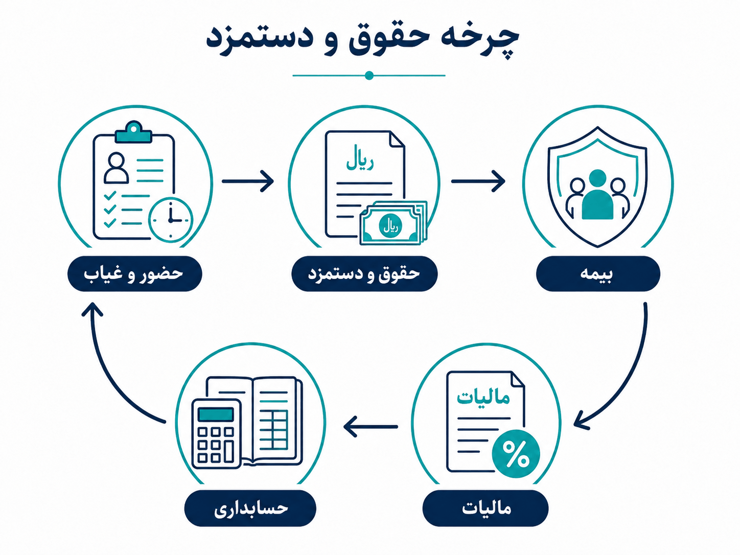 دیاگرام چرخه:  Attendance → Payroll → Insurance → Tax → Accounting